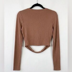 Naked Wardrobe Brown Mocha Long Sleeve Crop Top Cutout Back Mock Neck XL